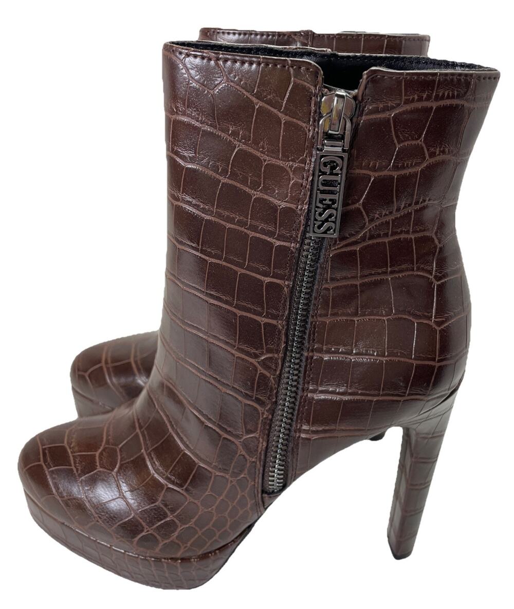 GUESS Dejah Platform Dress Boot 5.5M Dark Brown Embossed Faux-Leather NIB